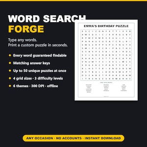 Pode incluir: Uma ferramenta digital geradora de caça-palavras intitulada Word Search Forge. A interface exibe recursos de texto, incluindo criação de quebra-cabeças personalizados, chaves de resposta e opções de grade. Um exemplo de quebra-cabeça é exibido.