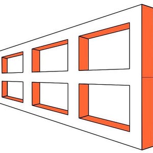 May include: A white rectangular frame with six orange rectangular openings. The frame is angled to the right.
