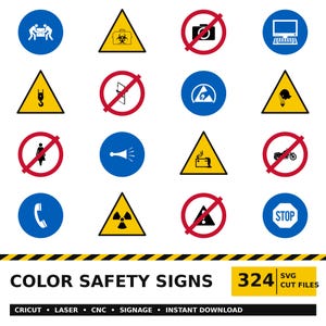 Może przedstawiać: Kolekcja szesnastu ikon bezpieczeństwa z niebieskimi kołami, żółtymi trójkątami i czerwonymi kołami zakazu z czarnymi symbolami. Tekst brzmi COLOR SAFETY SIGNS 324 SVG CUT FILES CRICUT LASER CNC SIGNAGE INSTANT DOWNLOAD.