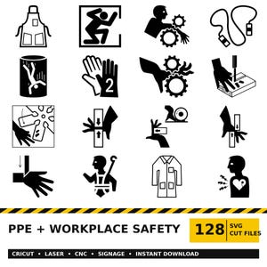 PPE and Workplace Safety SVG Bundle | 128 Injury Prevention Symbols | Cricut Laser Cnc Cut Files | Svg Dxf Png Pdf | Digital Download