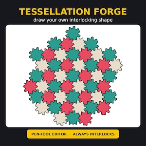 以下が含まれることがあります： TESSELLATION FORGE draw your own interlocking shapeというタイトルのデジタルグラフィック。ティール、赤、クリーム色の星のような形が繰り返されるパターンが表示されています。下部の黄色いバーには、PEN-TOOL EDITOR ALWAYS INTERLOCKSというテキストが含まれています。