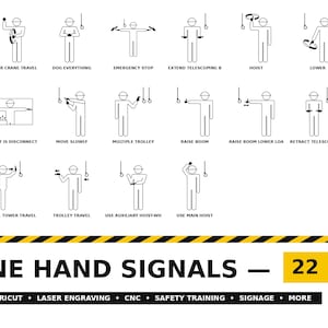 May include: A collection of 22 black and white crane hand signal icons featuring stick figures in hard hats. The text CRANE HAND SIGNALS and 22 SVG CUT FILES is displayed at the bottom, along with labels for each specific signal movement.