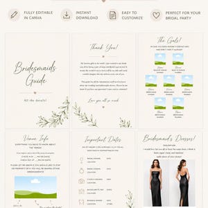 Puede incluir: Una plantilla editable de guía para damas de honor con secciones para información del lugar, fechas importantes y detalles de vestidos. El documento incluye encabezados de texto como Bridesmaids Guide y The Gals, decorados con ilustraciones botánicas.