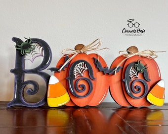 Hand Painted Boo Spooky Pumpkins Halloween Shelf Sitter, 12.5”x5.5”, Fall Standin Whimsical Home Decor, Fun Mantle or Tabletop Decoration