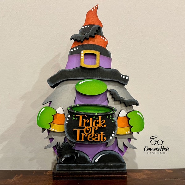 Halloween Witch Gnome Shelf Sitter, Hand Painted Fall Tabletop Decor, Whimsical Home Decoration, Autumn Mantle Accent, Gift for Her or Him