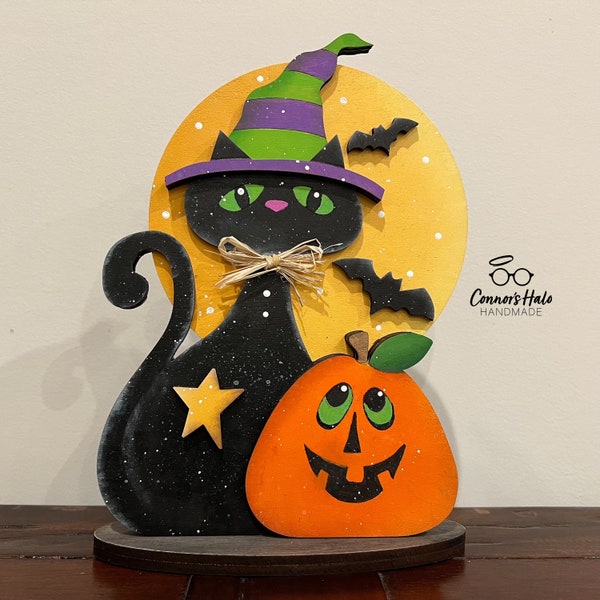 Hand Painted Halloween Black Cat with Pumpkin and Moon Shelf Sitter, Whimsical Tabletop Home Decor, Fall Mantle Accent, Gift for Her or Him