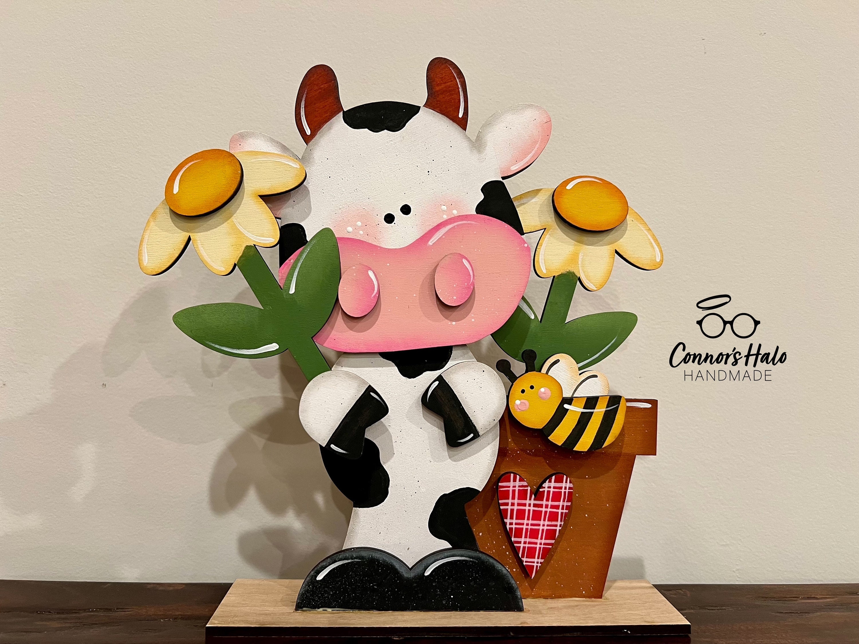 Gift Sapi Cute Cow With Flowers Shelf Sitter, Hand Painted Home Decor, Farmhouse ...