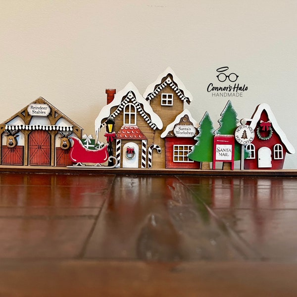 Hand Painted Santa’s Workshop Village Christmas Houses Shelf Decor, Fun Holiday Mantle Accent, Tabletop Decoration