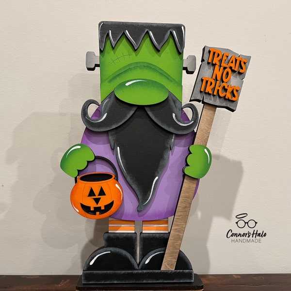 Halloween Frankenstein Gnome Shelf Sitter, Hand Painted Fall Tabletop Decor, Whimsical Home Decoration, Autumn Mantle Accent, Gift for Her