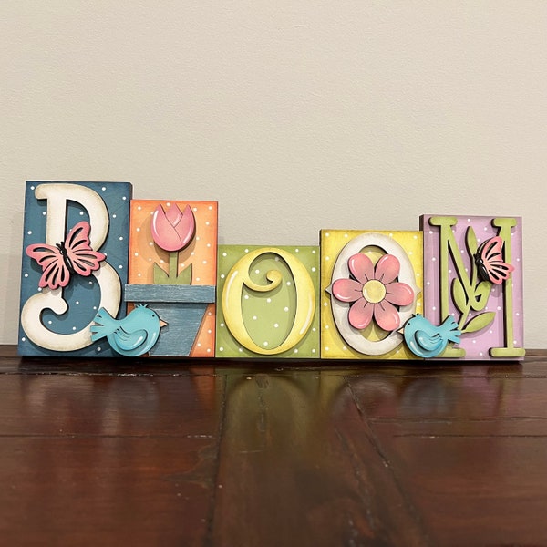 Bloom Hand Painted Wood Word Blocks, Whimsical Shelf Sitter 14.5”x5”, Spring Tabletop Decor, Fun Mantle Accent, Easter Hostess Gift for Her