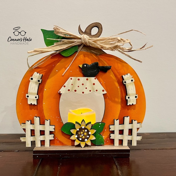 Pumpkin Cottage Votive Candle Holder Shelf Sitter, Handpainted Fall Mantle Decor, Hostess, Birthday, Mother’s Day, Housewarming Gift for Her