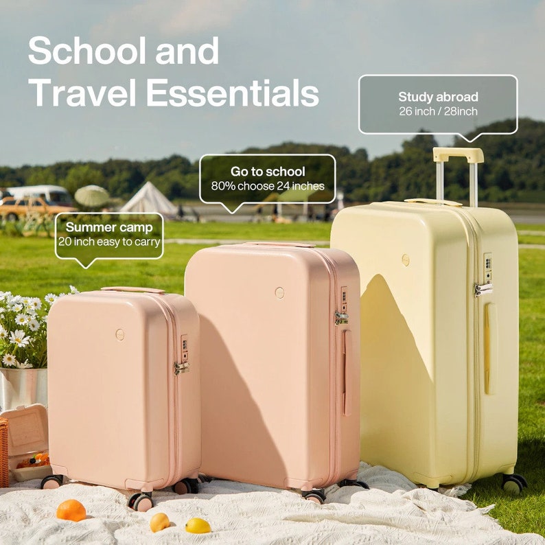 Pastel Colored Suitcases With Four Wheels and Matching Colored Zippers for Travel and School