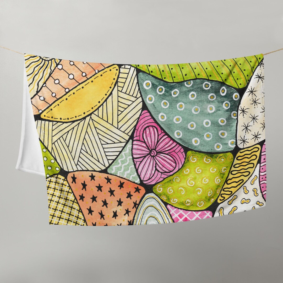 Green Coral & Pink Doodle Art Throw Blanket Etsy