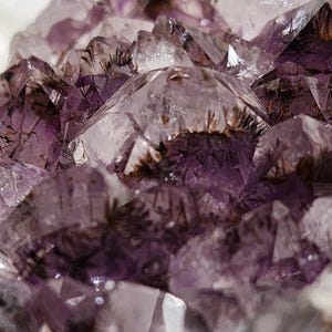 May include: Close-up of a cluster of amethyst crystals. The crystals are a deep purple color with clear, pointed tips. Some crystals have dark inclusions, adding texture. The light catches the facets, creating a sparkling effect.