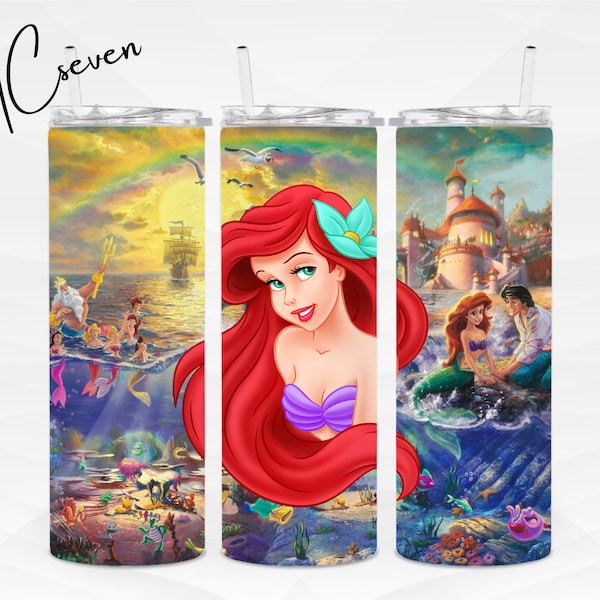 Little Mermaid 20oz Skinny Tumbler Wrap |  Princess Ariel and Prince Eric PNG Sublimation Design