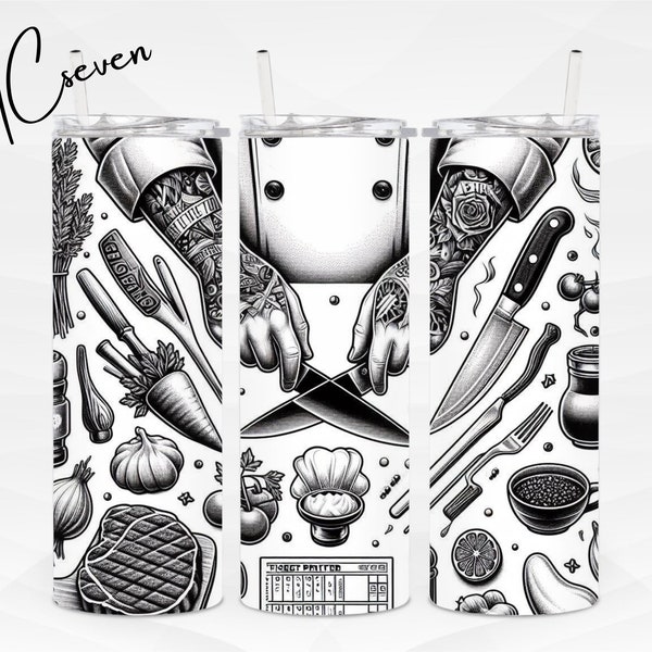 Chef 20oz Skinny Tumbler Wrap | Chef Knives PNG Sublimation Design