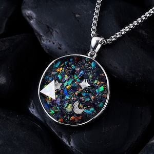 Handmade Meteorite Necklace: Opal Inlay, Stainless Steel Chain