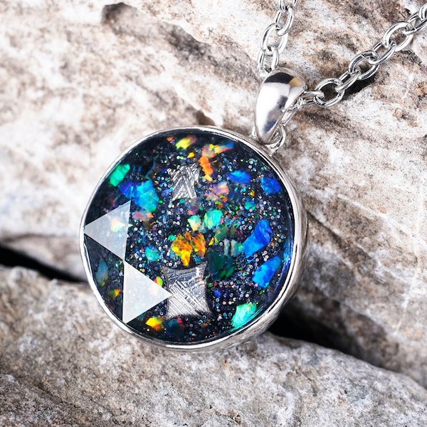 Muonionalusta Meteorite and Opal Inlay Pendant Necklace-Mother's Day gift meteorite necklace