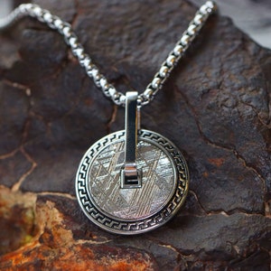 Swedish Muonionalusta Meteorite Stainless Steel Round Pendant, Cosmic Energy Jewelry