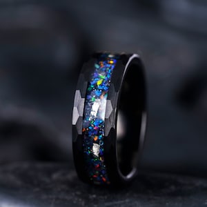 Tungsten Wedding Band with Opal and Meteorite Inlay for Men