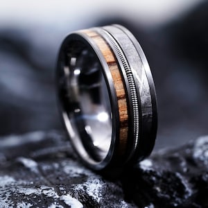 Unique Stainless Steel Ring with Genuine Meteorite Inlay and Koa Wood Accents