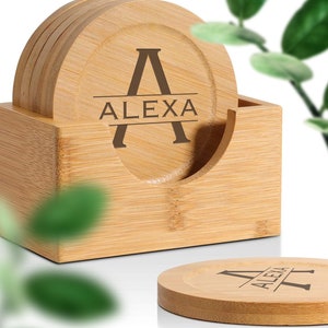 Schöner 6-teiliger runder Holzuntersetzer mit Buchstaben Initialen mit Gravur für Hochzeit, Partner, Valentines, Geburtstag, GF, BF