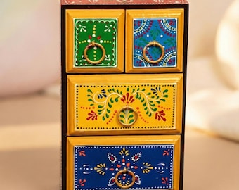 Joyero indio en miniatura con 4 cajones pintado a mano