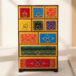 Hand Painted 10-Drawer Wooden Chest: Multicolor Mini Bureau
