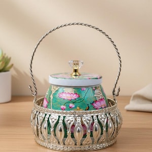 May include: A decorative teal and silver container with a handle. The container has a floral design with pink lotus flowers and a clear crystal knob on the lid. The container sits in a silver filigree basket.