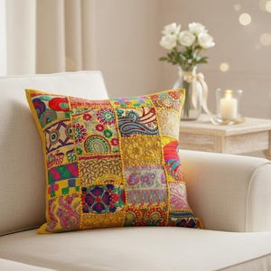 Handmade Patchwork Cushion Cover, 16&quot; Yellow Boho Pillow, Indian Sofa Throw, Set of 2