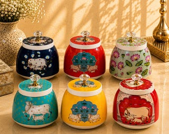 Pichwai Metal Gift Jar: Indian Wedding Diwali Favor Box