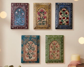 Handpainted Wooden Wall Frames, Mughal Floral Art, Indian Decor
