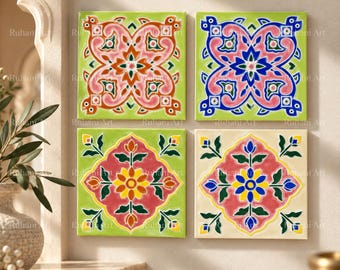 May include: Four square ceramic tiles arranged in a grid, each featuring intricate floral and geometric patterns. The top left tile has orange and pink motifs on a lime green background, while the top right displays blue and pink on lime green. The bottom tiles feature yellow and pink floral designs on lime green and cream backgrounds.