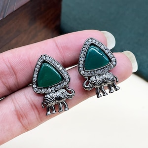 Handcrafted Green Onyx Elephant Earrings, Vintage Silver Design with Sparkling Rhinestones, Handmade Jewelry, Gift for her