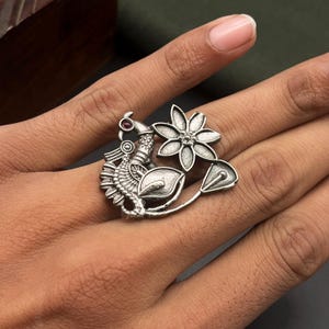 Handmade Peacock Ring: Silver Floral Brass Indian Jewelry