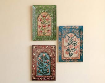 Mughal Floral Wall Art Set, Hand Painted Indian Wood Frames