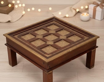 Indian Brass Inlay Coffee Table | Vintage Wooden Bajot Table, 52 Kgs Weight