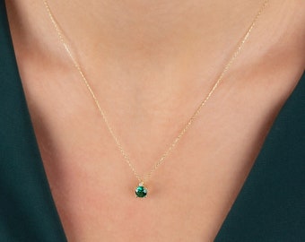 Round cut emerald necklace 18k pure gold pendant green pendant emerald gold pendant for women jewelry gift for her chain length 18"