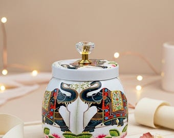 Pichwai Elephant Jar, Handpainted Metal Return Gift, Indian Wedding Favor