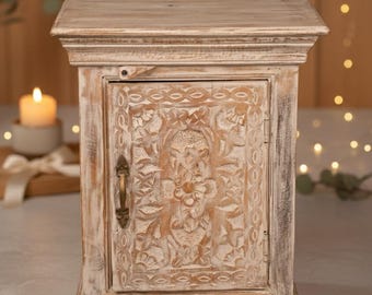 Distressed White Carved Wood Nightstand with Door, Shabby Chic Table