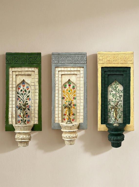 Hand Painted Wooden Jharokha Shelf Indian Wall Decor