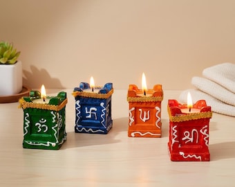 Conjunto de Diya de barro pintado à mão, suporte para velas indiano de Diwali, decoração festiva