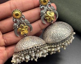Handmade Oxidized Silver Peacock Jhumka Earrings: Indian Dangler Jewelry