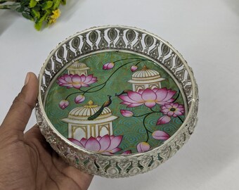 Bandeja de metal con forma de pavo real pintada a mano, regalo de boda india