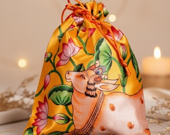 Saco Potli da vaca de Pichwai de <br> Entrega Rápida? Favor de retorno de casamento indiano | Bolsa de presente de seda