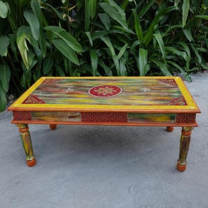 Rajasthani Hand Painted Coffee Table, Colorful Boho Low Wood Centerpiece, 76 Kg Stool