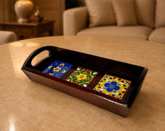 Wooden Ceramic Tile Tray | Handmade Serving Tray Decor