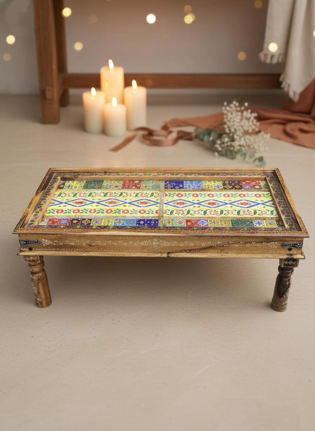 Indian Wood Coffee Table With Hand Painted Ceramic Tile Inlay, 60 Kg ...