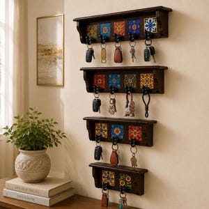 Wooden Key Holder Shelf with Colorful Tile Artwork, Wall Key Rack Organizer