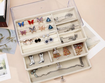 mooie drielaagse transparante sieradendoos, handgemaakte sieradendoos, grote sieradenopbergdoos, ringen oorbellen kettingen armbanden horlogedoos